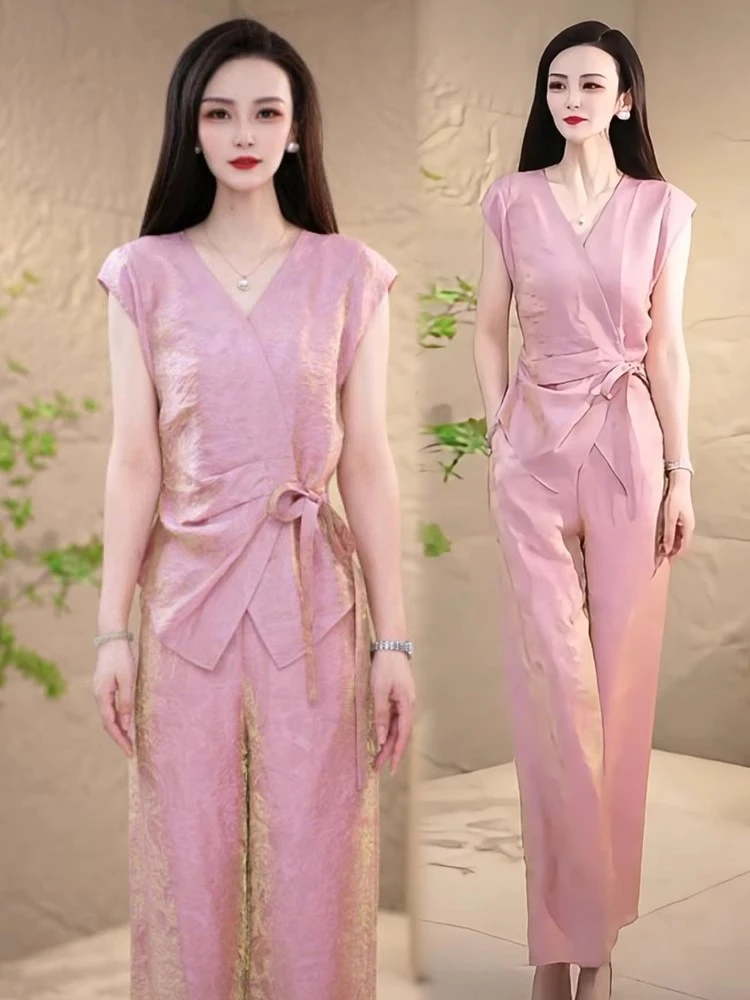 时尚套装女2025夏季新款时髦洋气设计感系带上衣阔腿裤气质两件套