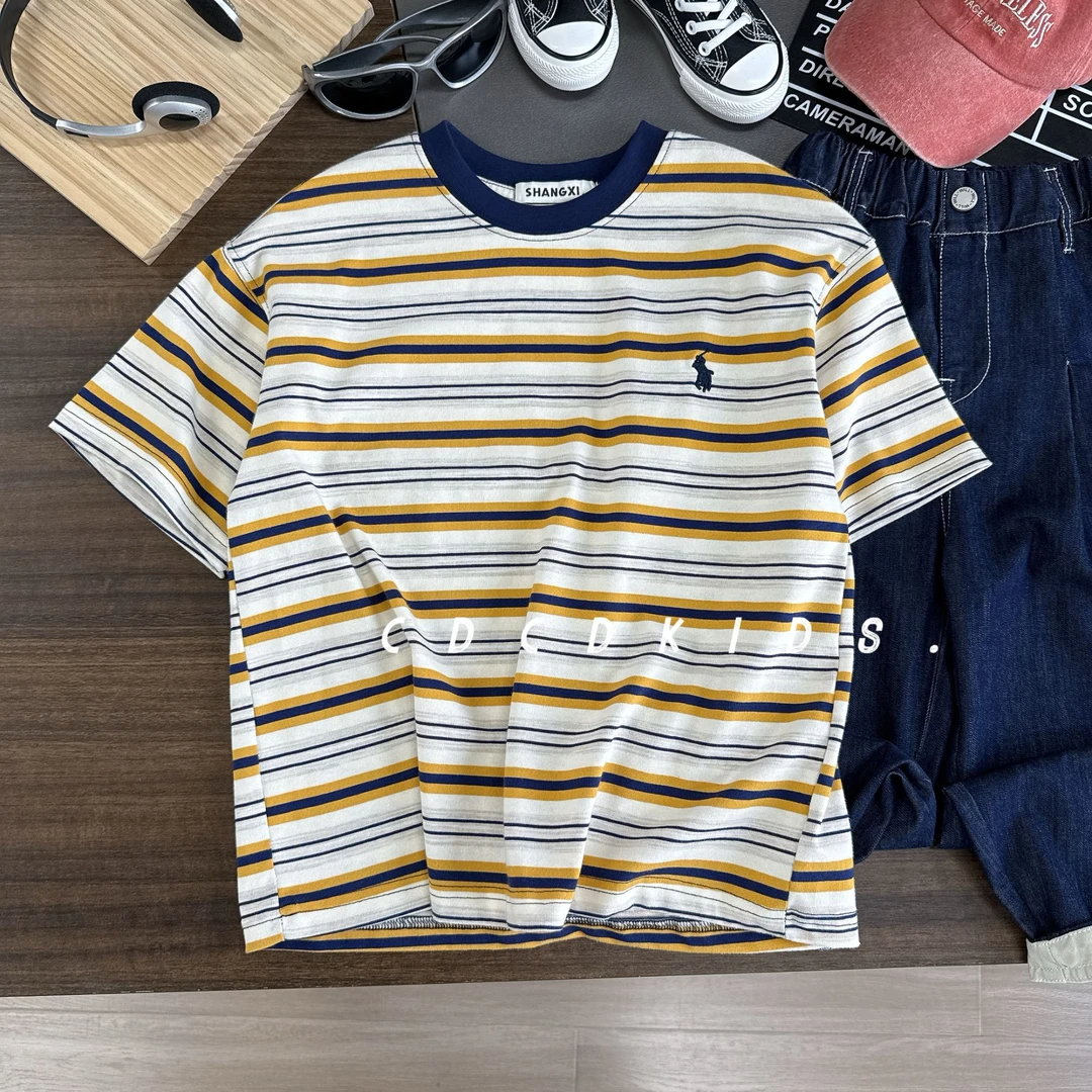 川度儿童夏季圆领短袖T恤拼接款夏装男女童彩条纹体百搭上衣8160