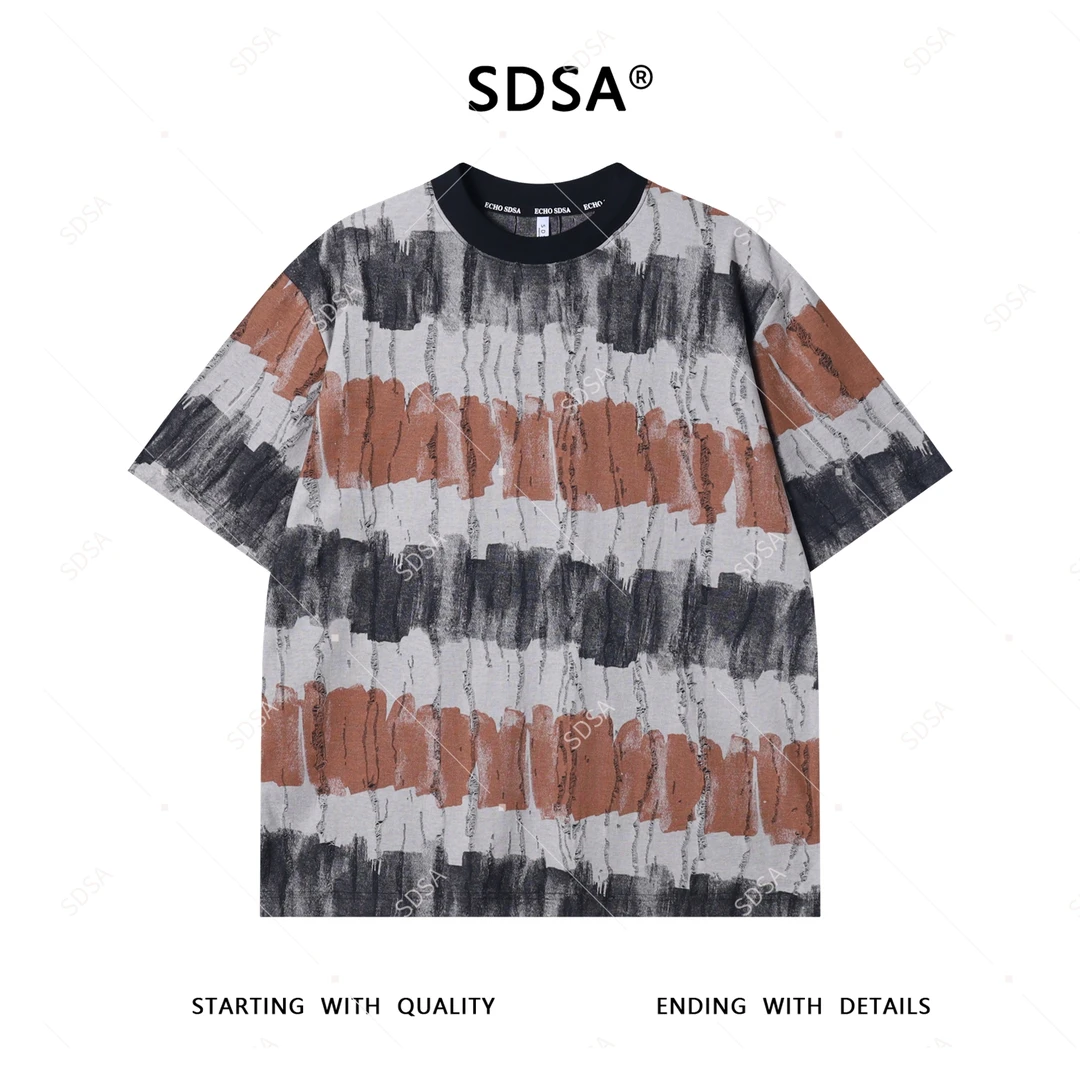 夏季高级感新款男士简约水墨撞色磨破设计短袖T恤百搭舒适上衣潮