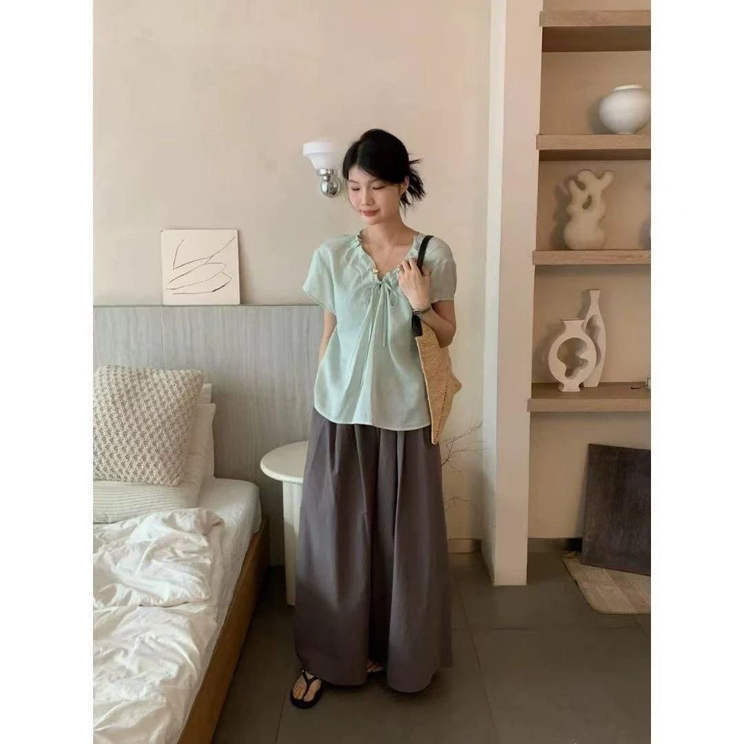 【大欣家】253988「抽带领口」夏季韩系休闲设计款麻系小衫