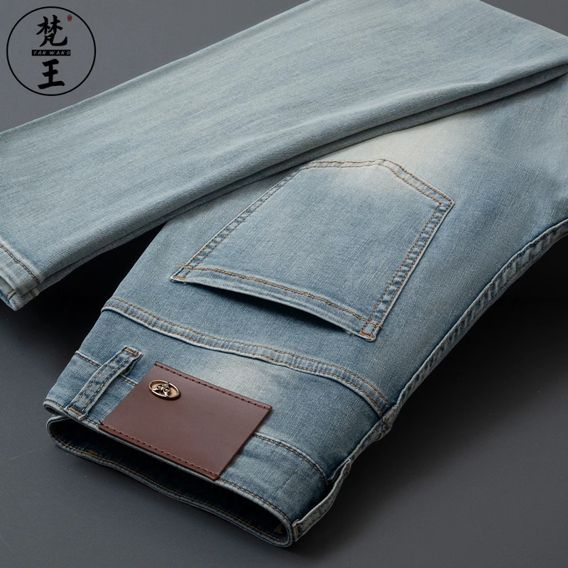 FANWANG/梵王春夏季牛仔裤男修身小脚弹力蓝色欧版休闲九分长裤子