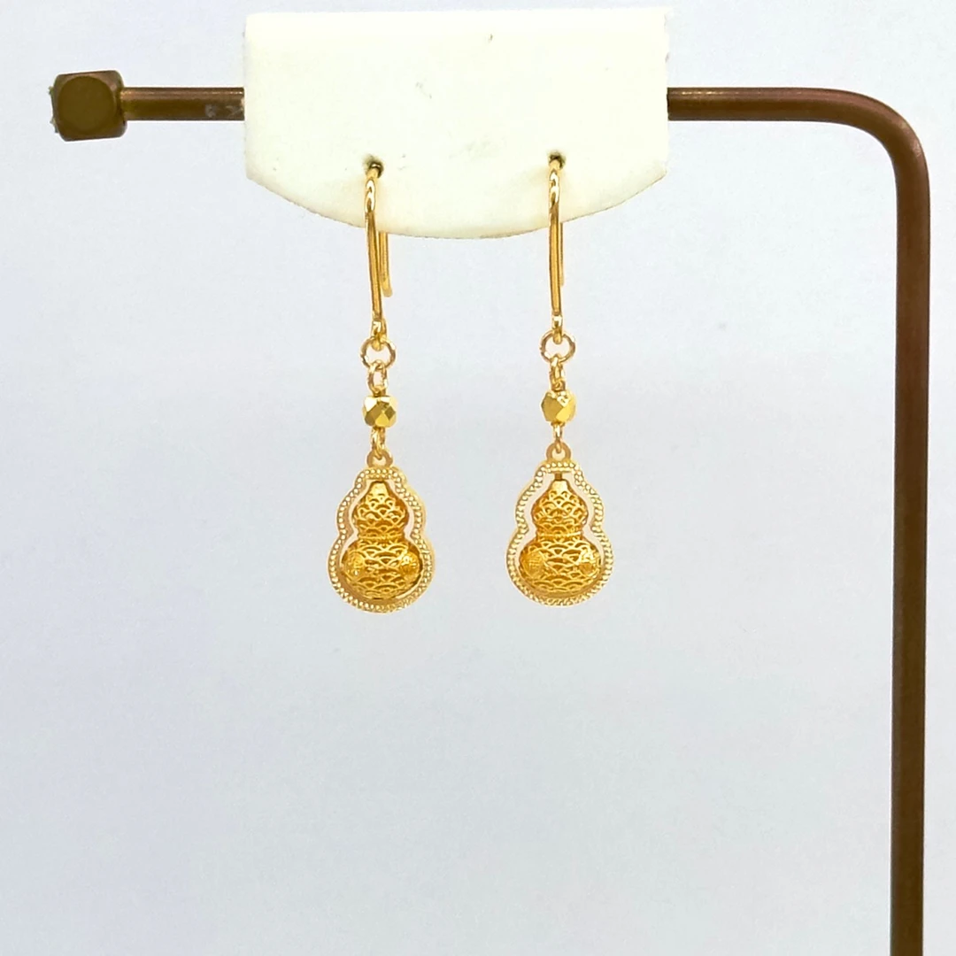 庚震黄金足金999葫芦花丝福气满满灵动可转动耳钩耳坠5.27