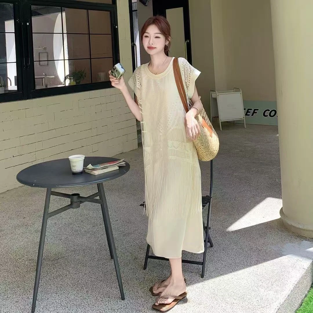 法式夏季温柔蕾丝圆领短袖连衣裙显设计感遮肉流苏气质连衣裙