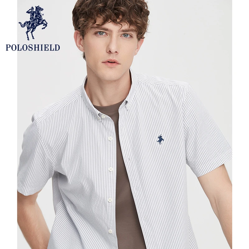 POLOSHIELD男士夏季短袖衬衫薄款2025新款男款时尚条纹休闲衬衣