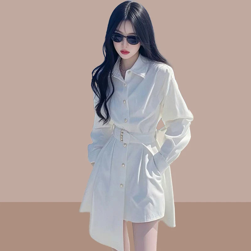 2025春秋新款气质翻领衬衫连衣裙女士收腰显瘦时尚高级感显瘦裙子