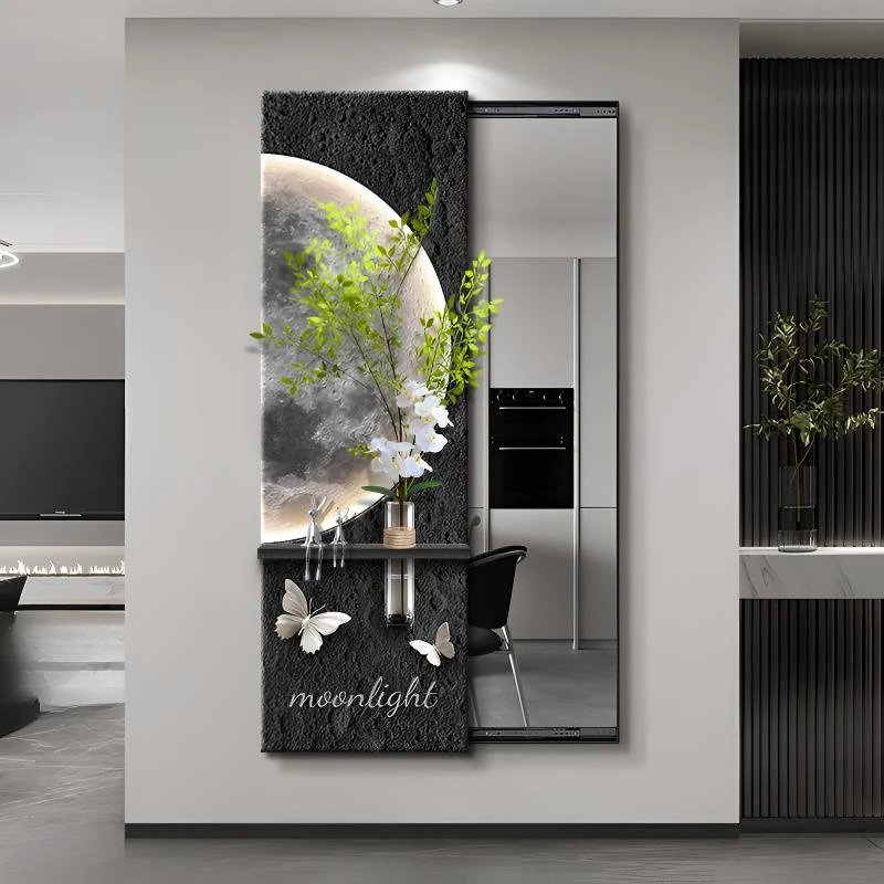 轻奢推拉全身镜隐藏式穿衣镜子挂画隐形暗藏水培绿植月球玄关装饰
