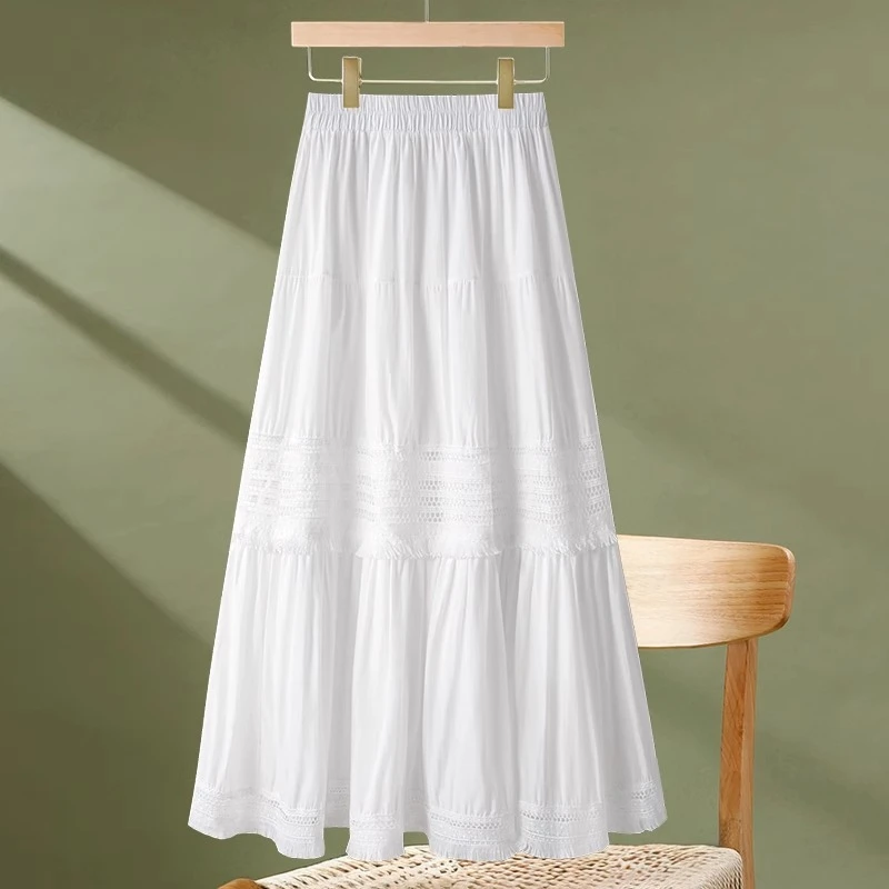 拉夏贝尔镂空花边蛋糕裙女夏季2025新款高腰仙气大摆伞裙半身裙子