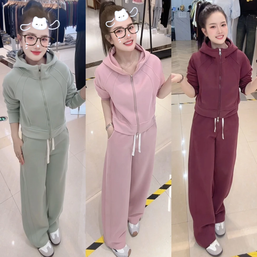 定制【加绒厚款】内里羊毛蚕丝云感动感女卫衣+卫裤连帽款两件套