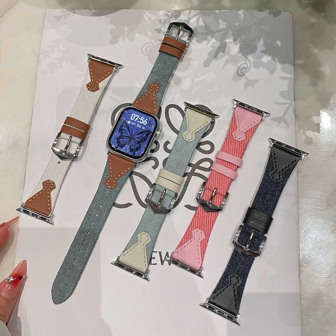 适用苹果手表iwatchS10表带牛仔拼皮质S7复古S9时尚S8男女SE秋冬6