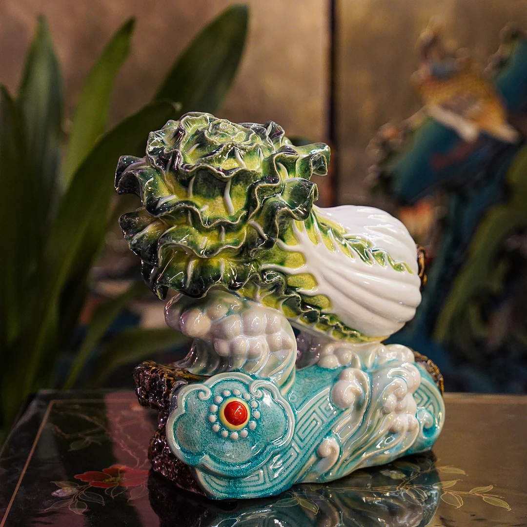 【本尼家】AM31非遗手工石湾陶《百财如意》大号白菜装饰书房客厅摆件