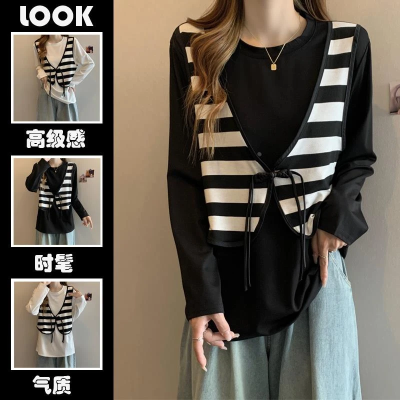 大码胖妹妹韩版遮肚子拼接条纹马甲上衣女早秋新款假两件长袖恤