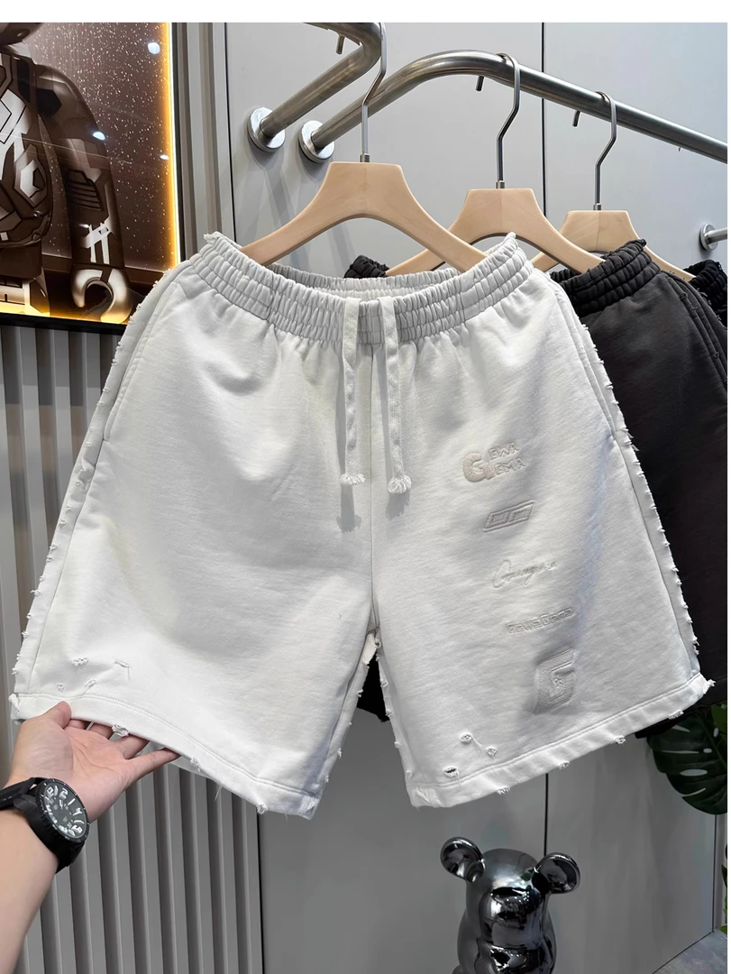 美式重磅潮牌字母刺绣破洞宽松休闲短裤男夏季大码沙滩五分裤中裤