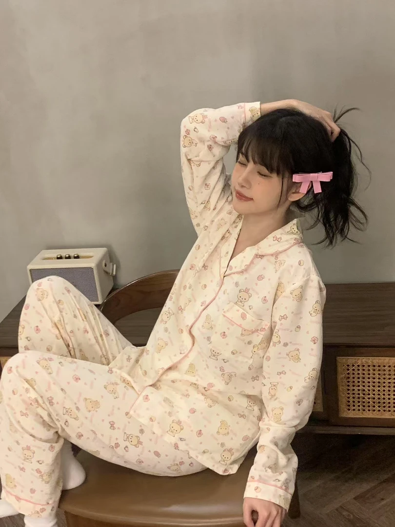 韩版ins少女甜美可爱卡通小熊印花睡衣女春秋新款长袖长裤家居服