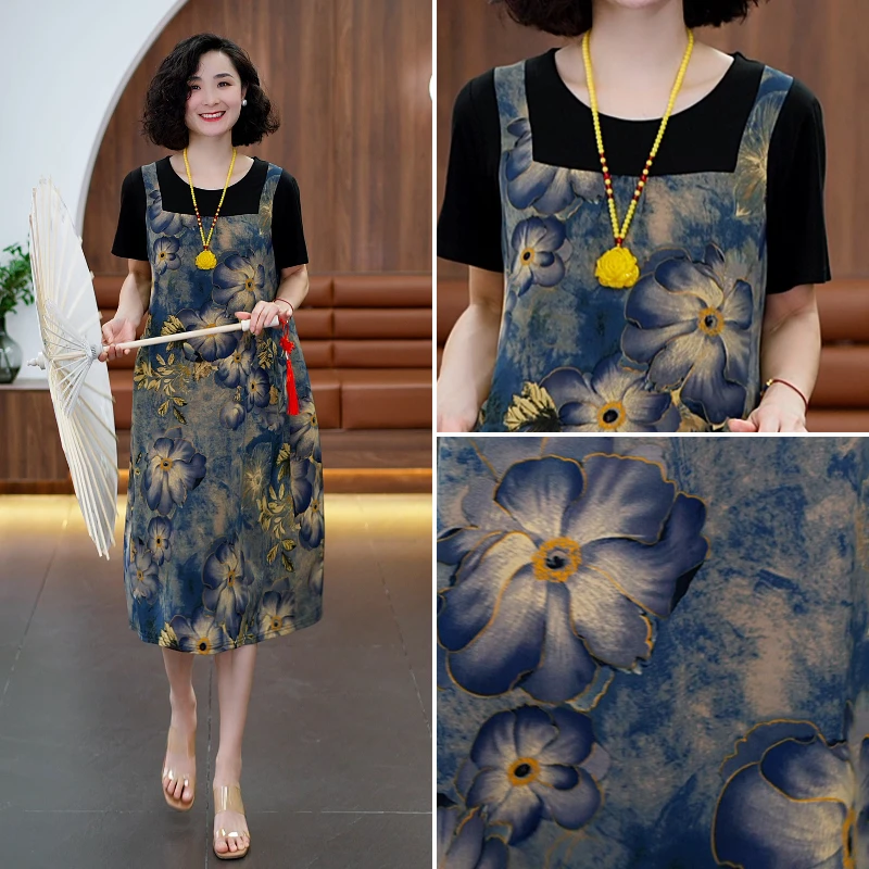 夏季大码薄款时尚宽松印花假两件中老年遮肚显瘦妈妈连衣裙59806