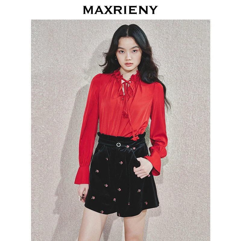 【昕昕严选】MAXRIENY衬衫24冬雪纺衫新年红上衣女系带高级设计感