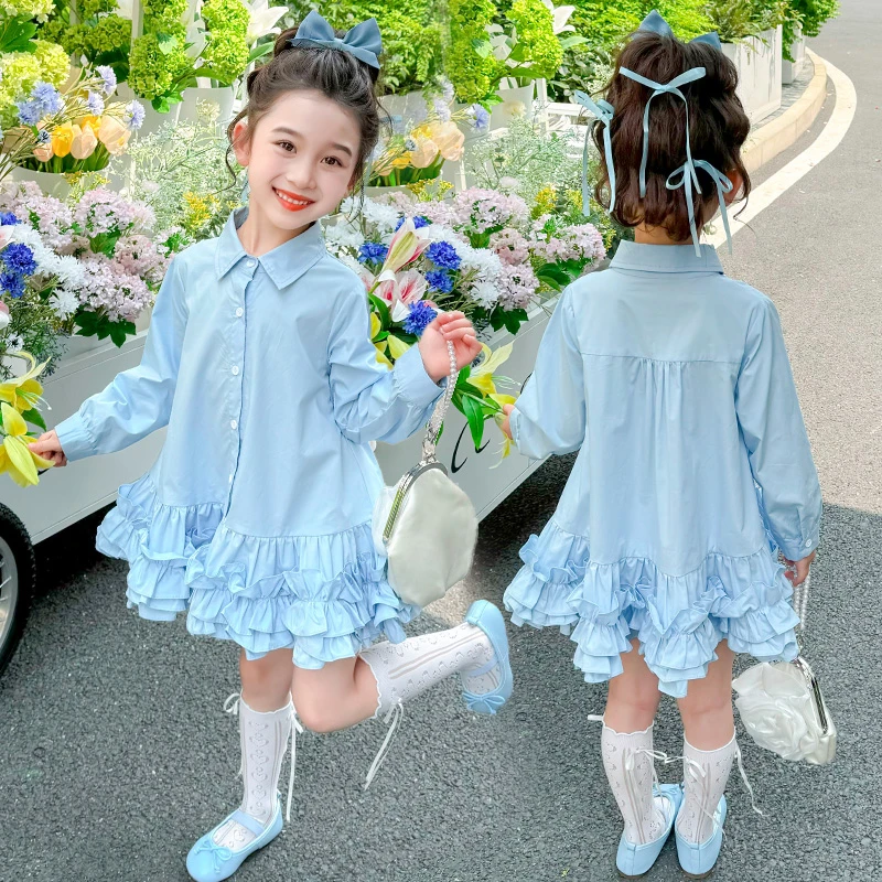 女童裙子春秋款2025新款网红洋气长袖衬衫裙儿童韩版纯棉花边上衣