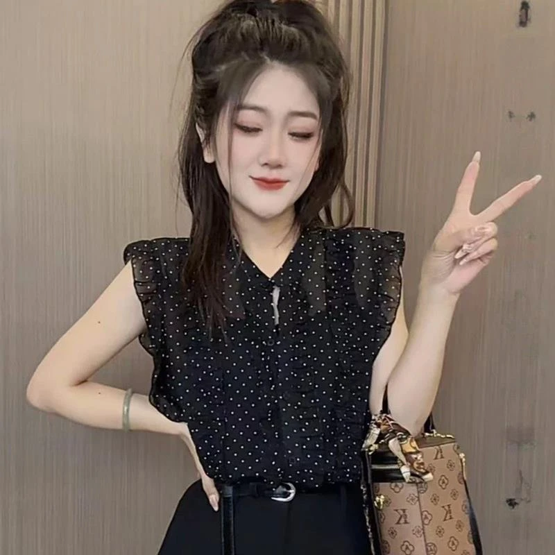 2025夏季新款女士V领时髦洋气木耳边无袖雪纺衫洋气休闲显瘦上衣