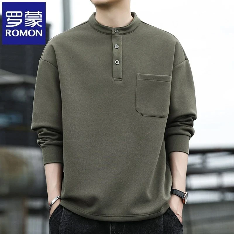 罗蒙春秋季休闲男士宽松体恤圆领纯色长袖卫衣韩版时尚中青年上衣