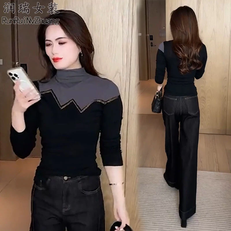 静奢风休闲撞色拼接高领长袖打底衫女2025秋季新款修身显瘦T恤潮