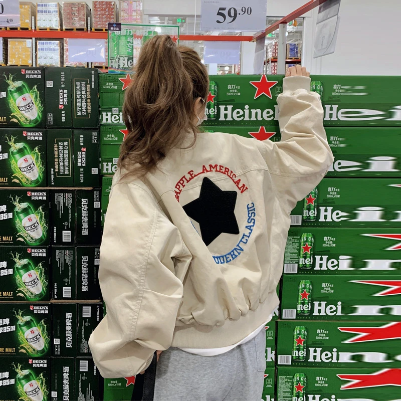 休闲学院风棒球服女2025春秋新款小众韩系慵懒风字母刺绣短款外套