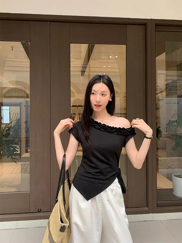夏季木耳拼接花边斜肩下摆不规则短袖T恤女小众设计感