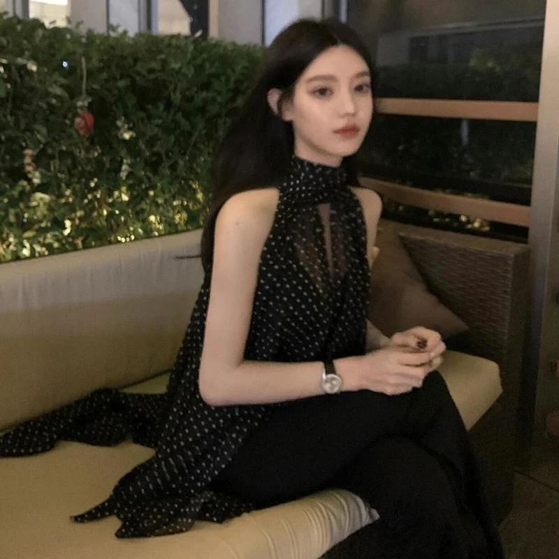 暮色微光系带挂脖无袖波点雪纺衬衫女法式御姐高级感气质宽松上衣