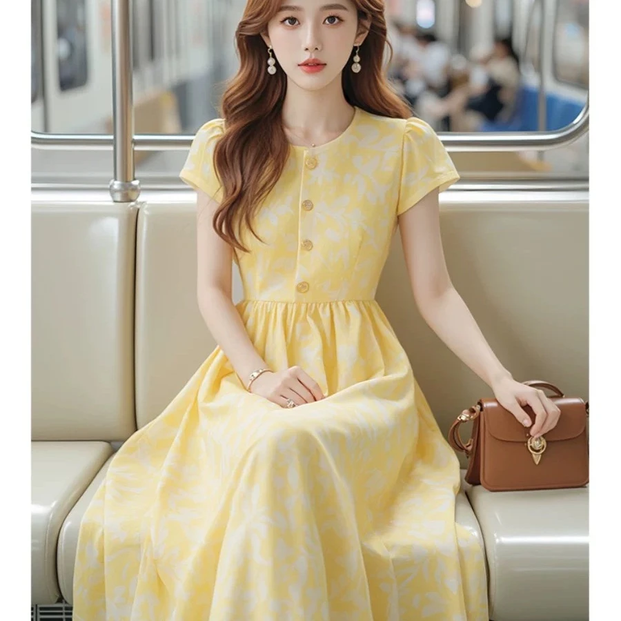 SS722夏今年流行的漂亮独特长裙气质超好看遮肚子显瘦黄色连衣裙