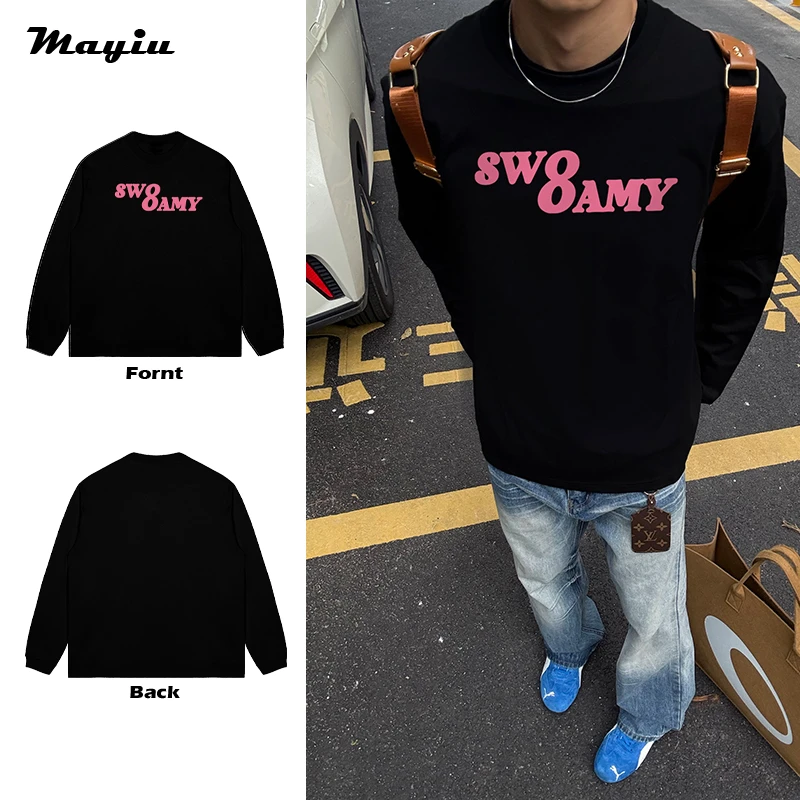 美式高街宽松圆领透气品牌Logo字母简约印花落肩校园纯棉长袖T恤