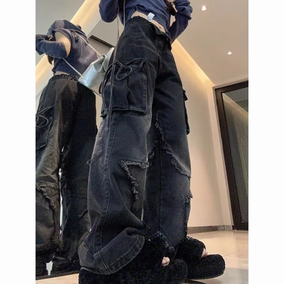 （有个别少一个绳子）黑色星星工装牛仔裤