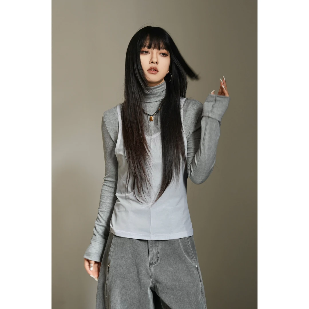 呆毛DM.FACTORY【2.12上新】早春新款网纱打底两件套上衣DMJ3418