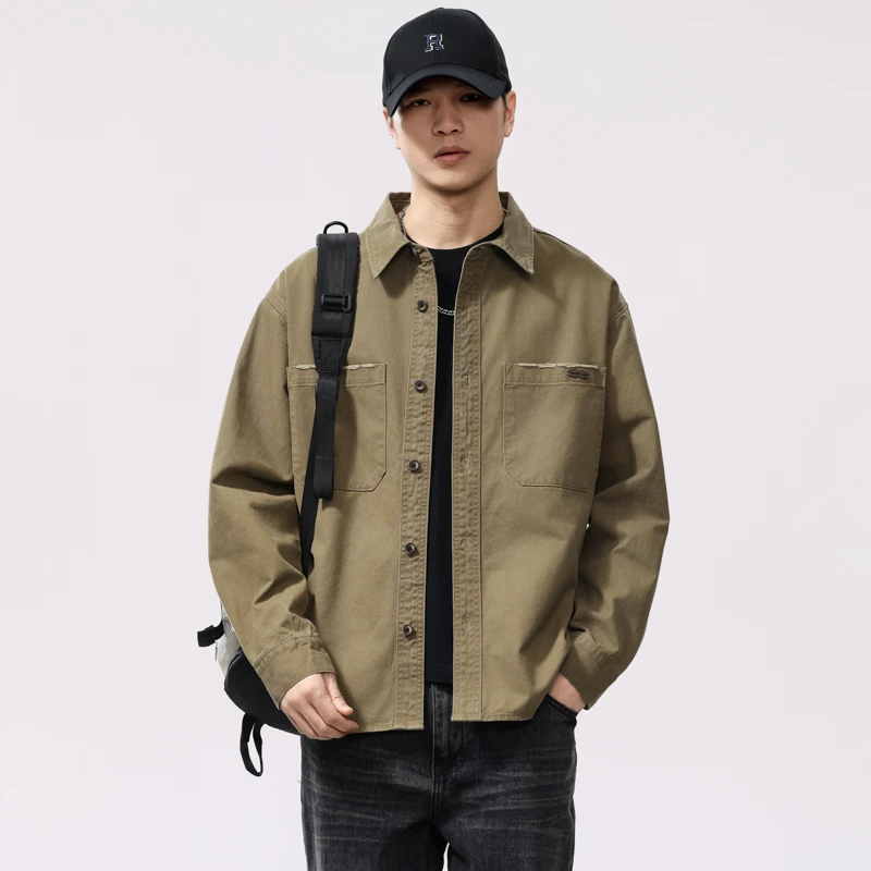 2025春季日系复古工装衬衫男春秋款宽松重磅衬衣个性纯棉大码衬衫