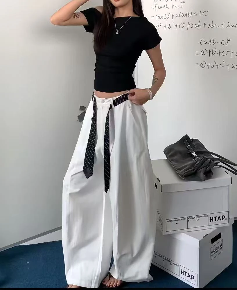 2025十三行秋季款美式复古辣妹风设计感腰带阔腿裤宽松显瘦弯刀裤