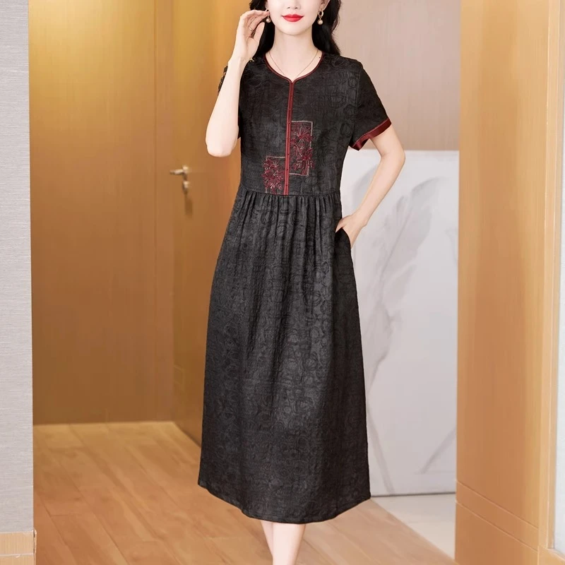 新中式国风旗袍香云纱连衣裙妈妈国风喜婆婆婚宴装礼服真丝桑蚕丝
