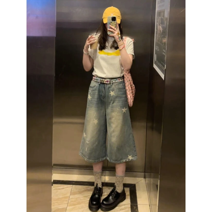 微胖mm直筒阔腿宽松牛仔中裤女夏季新款星星印花设计感百搭七分裤