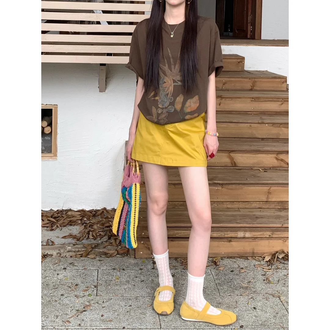 【赵小小yimao】28815 高级感夏季韩系超好看设计感植物印花T恤上衣