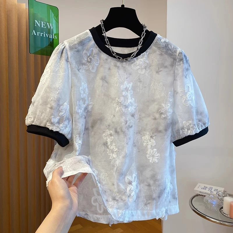 2025夏季新款超甜印花洋气短袖雪纺衫上衣女宽松圆领小众减龄衬衣