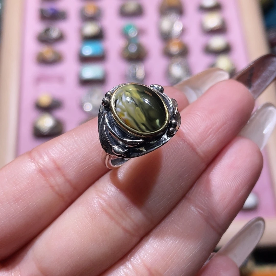 琥珀银S925镶嵌戒指戒指