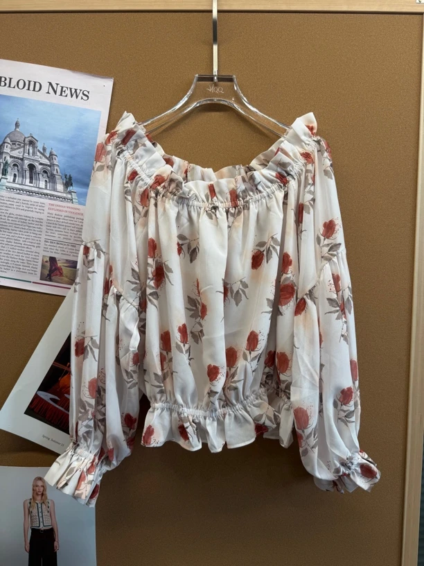 DIANA VEVINA上衣｜玫瑰花印花雪纺一字肩小衫887