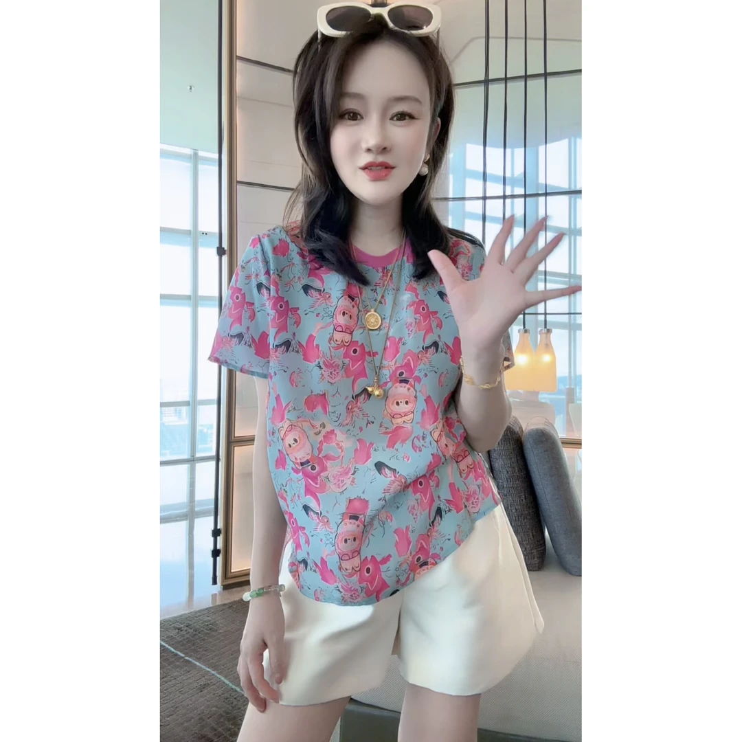 【丝芙玉禄】（F952）100真丝双绉可爱公仔圆领显瘦桑蚕丝t恤上衣