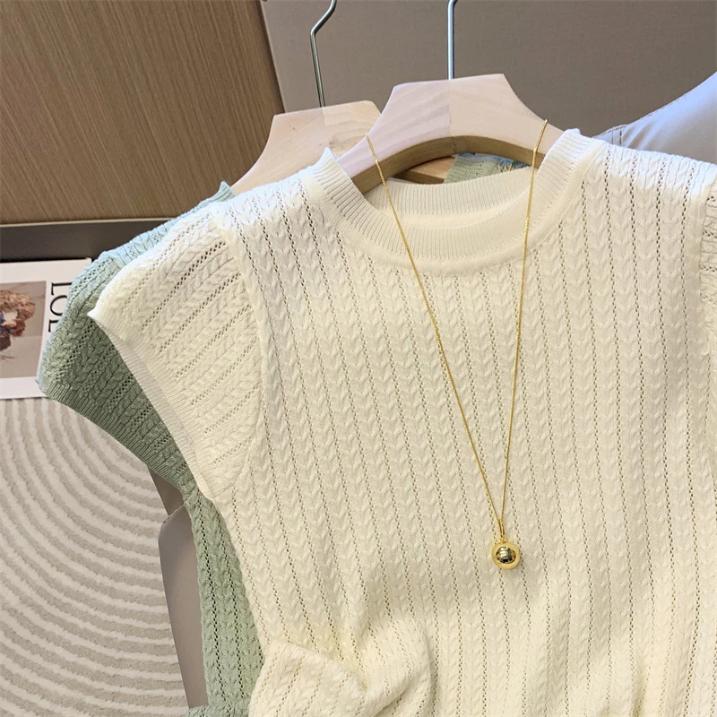 高级感镂空纯色短袖针织衫2025夏季新款洋气时尚设计感轻薄上衣