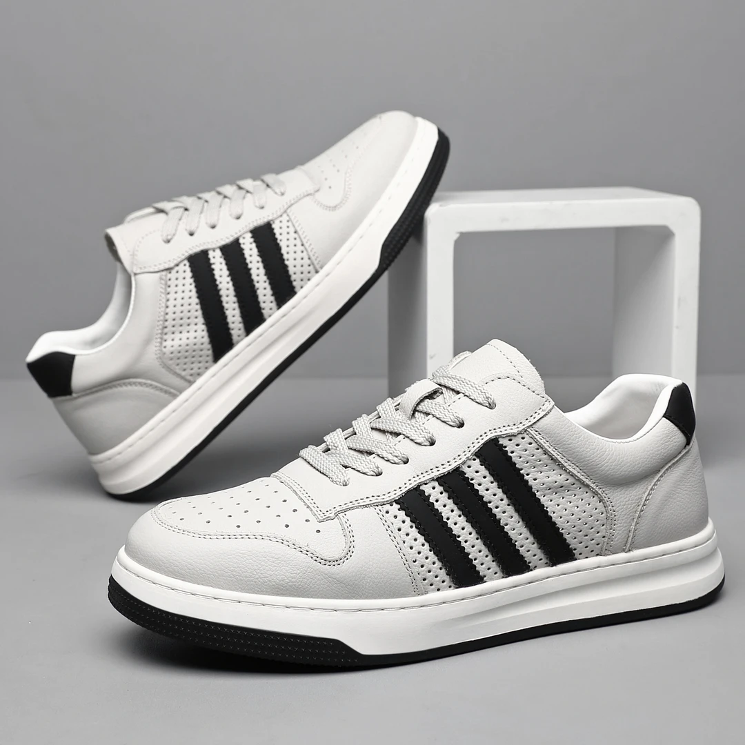 头层牛皮2025男款夏季透气商务风时尚休闲打孔软底百搭男士小白鞋