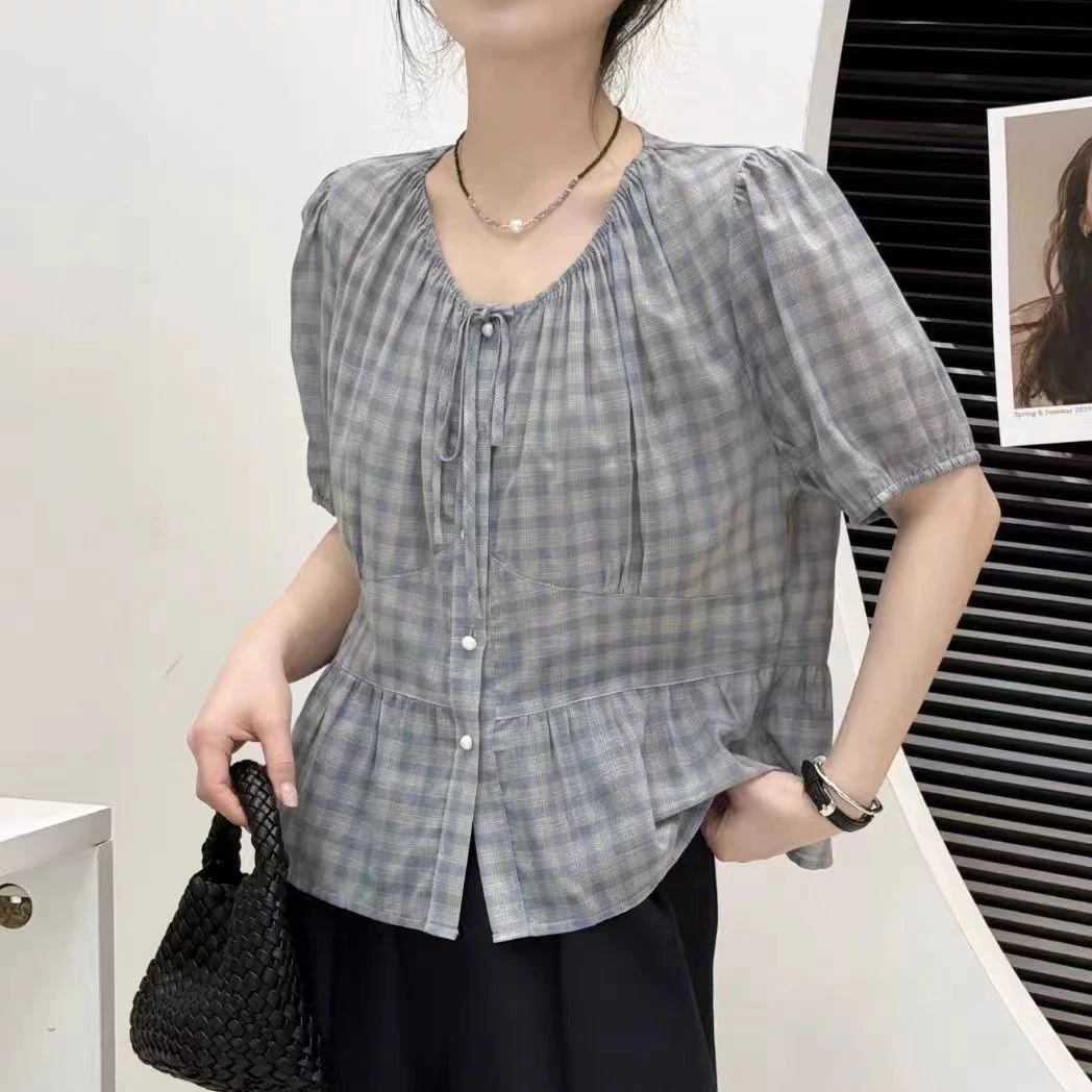 新款亲肤透气薄款系带短袖衬衫