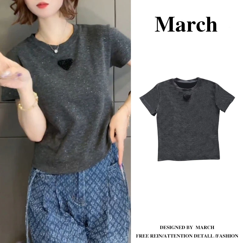 细闪灰色圆领正肩短袖t恤女夏季新款大码胖妹妹显瘦上衣版型10964