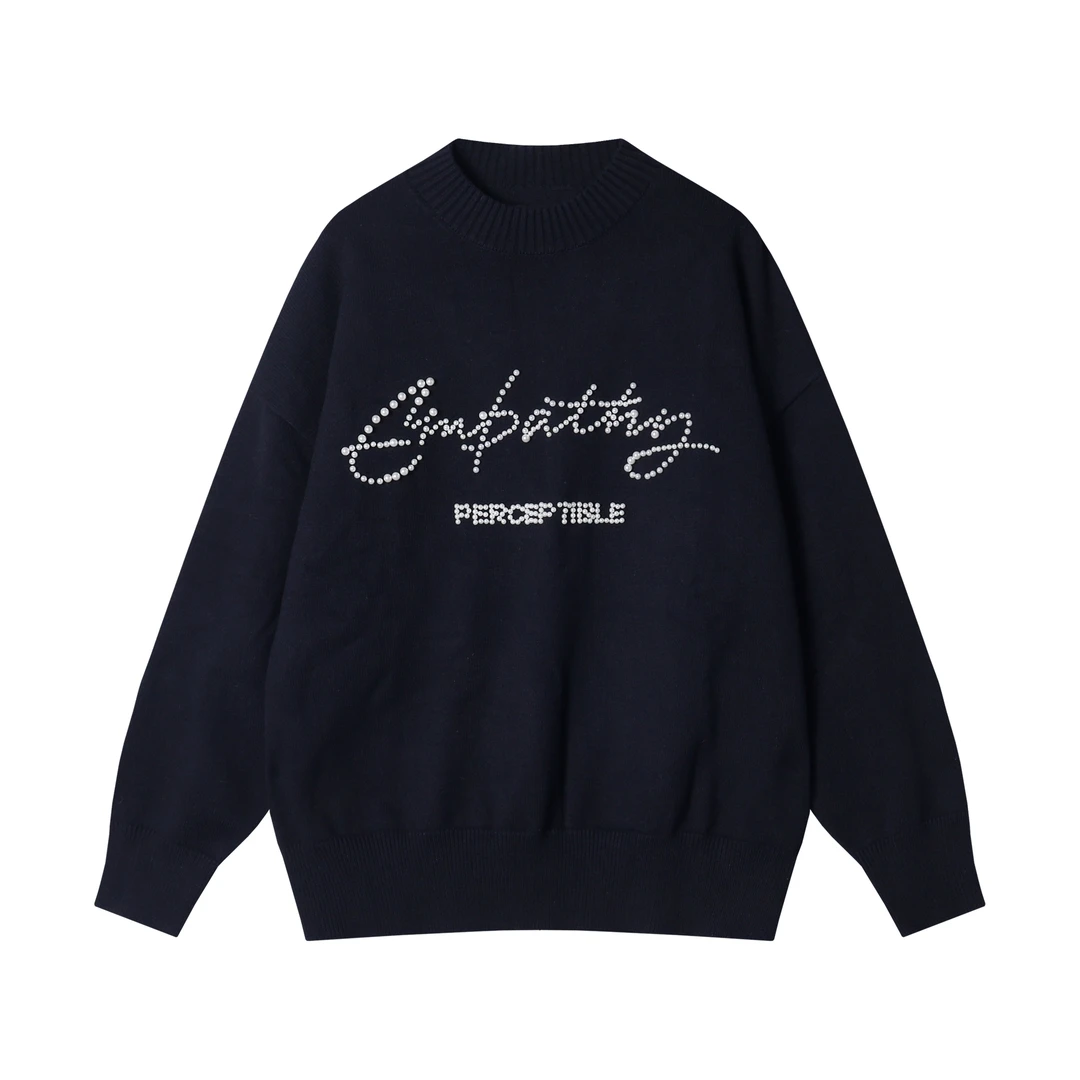 秋冬新款男士字母镶珠设计圆领套头纯色长袖百搭时尚宽松上衣