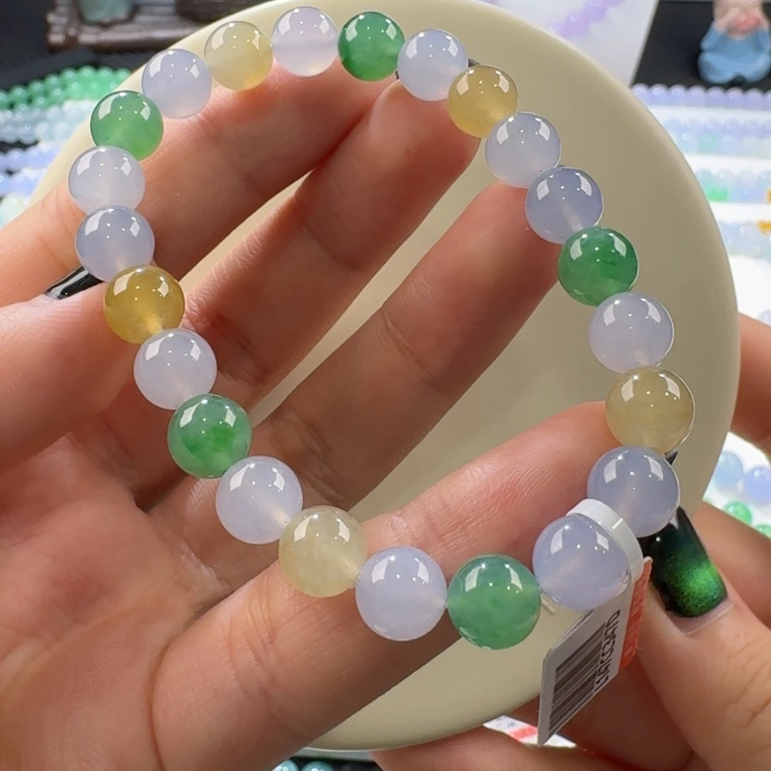 翡翠手链未镶嵌冰三彩手串卡8 大漏！福利！