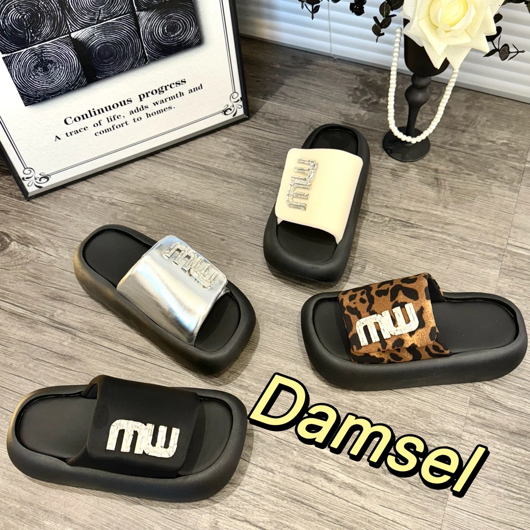 Damsel-松糕厚底水钻一字拖女2025新款2025新款百搭夏外穿魔术贴