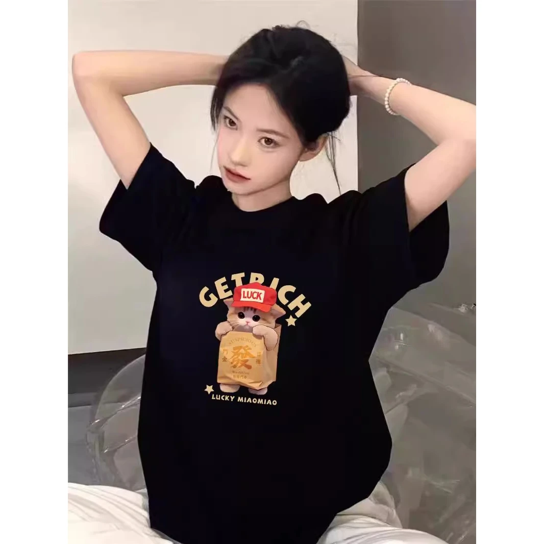 黑色大码宽松t恤短袖女2025新款夏圆领印花美式上衣高级感慵懒风