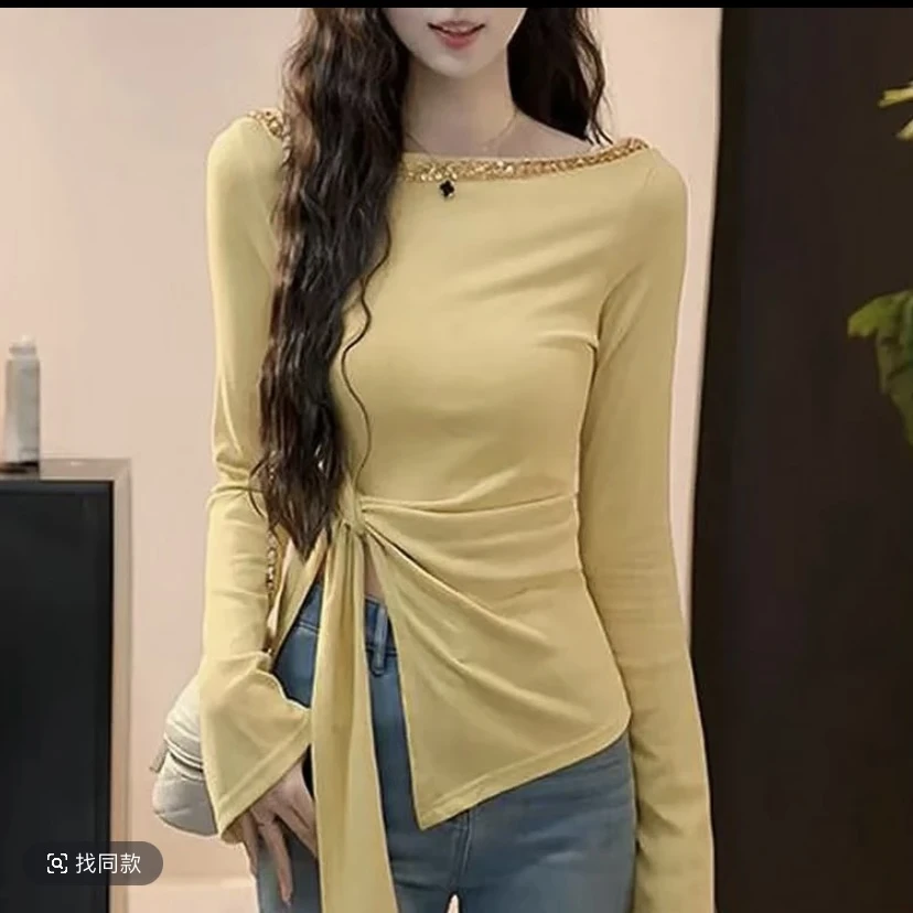 SzBlaZe春夏纯欲风一字肩烫钻绑带掐腰长袖T恤女设计感打底衫上衣