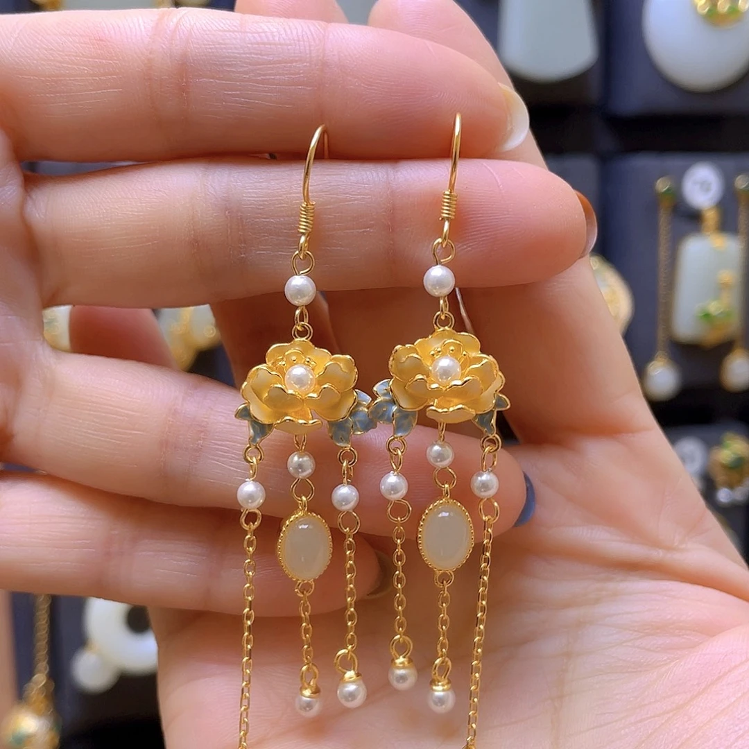 和田玉银S925镀金镶嵌耳饰