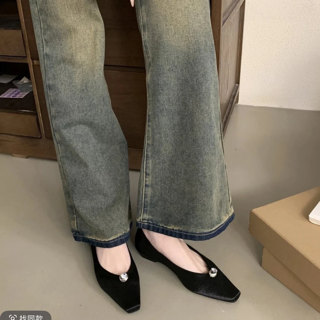 挪威秋日～金属豆方头绒面软底舒适平跟单鞋浅口女鞋子0-58